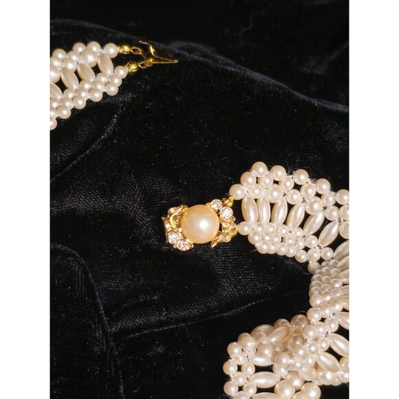 Vintage Gold-Toned Pearl & Rhinestone Choker Necklace With Elegant Layered Desig - Picture 4 of 8